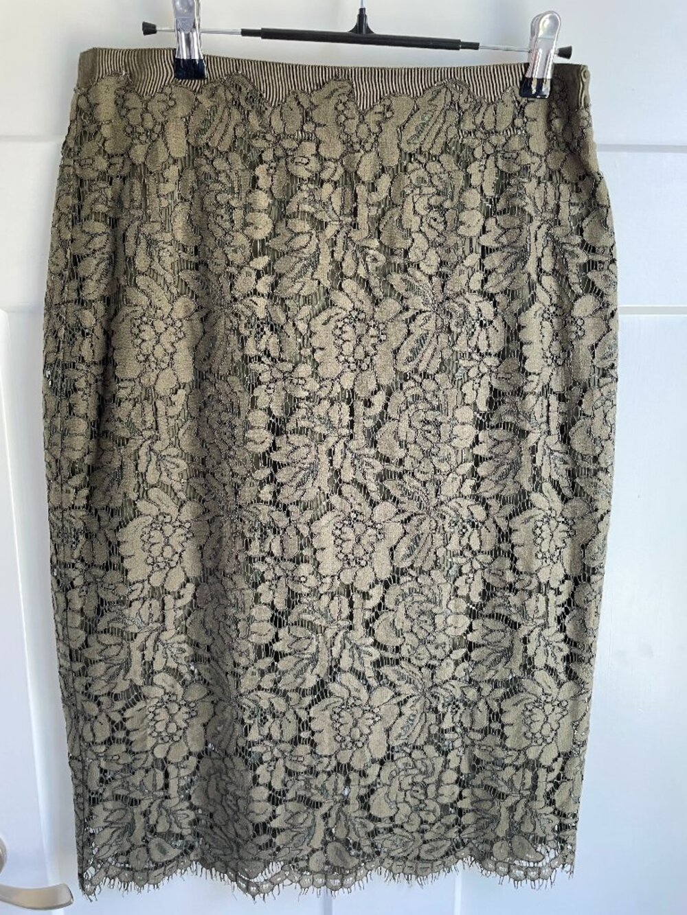 Diane von Furstenberg DVF Glimmer Lace Pencil Skirt Olive Green Whimsigoth 8
